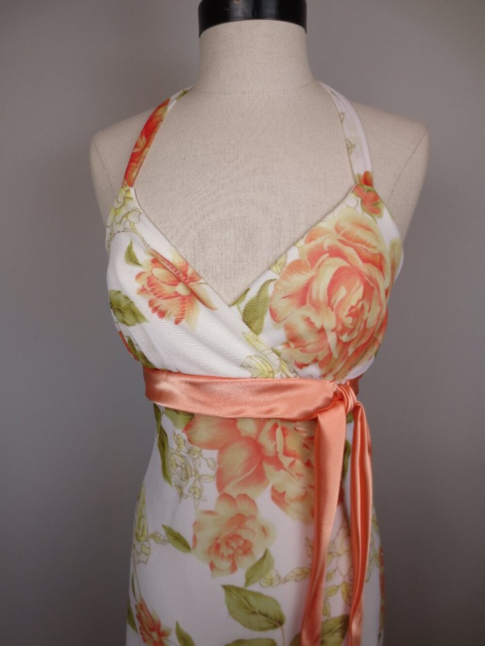 Trixxi Floral Halter Dress Peach White Empire Waist Satin Tie Midi, Flirty Flowy